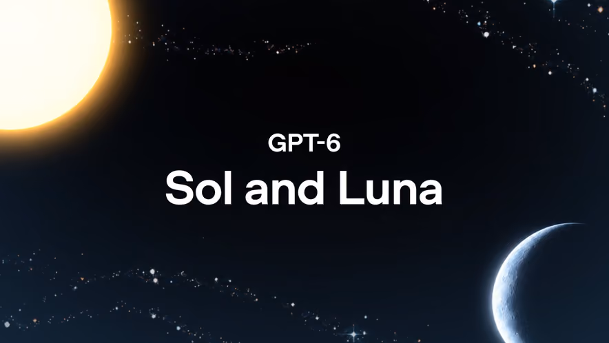 A bright sun in the upper left and a crescent moon in the lower right frame the words GPT-6 Sol and Luna against a black, star-dusted sky.