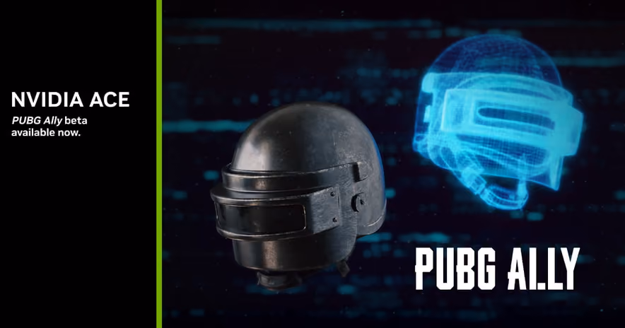 Two PUBG helmets side by side against black, the first a realistic dented metal helmet, the second the same shape rebuilt as a glowing blue wireframe, captioned Nvidia ACE and PUBG Ally.