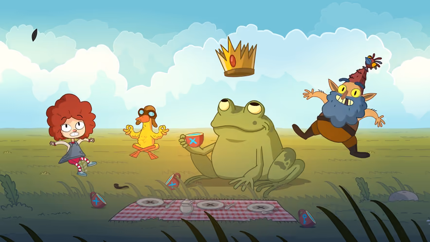 Gal, a girl with curly red hair, dances in a meadow next to a picnic blanket, surrounded by a duck in aviator goggles sitting cross-legged, a giant frog holding a teacup, and a blue-bearded goblin in a pointed hat. A gold crown floats in the sky.