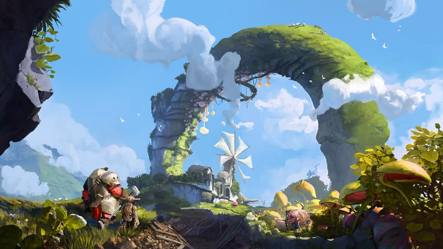 Dans un paysage verdoyant et ensoleillé, un chevalier en armure contemple une immense arche de pierre couverte de mousse qui enjambe une petite ferme et son moulin, entourée de plantes exotiques géantes.