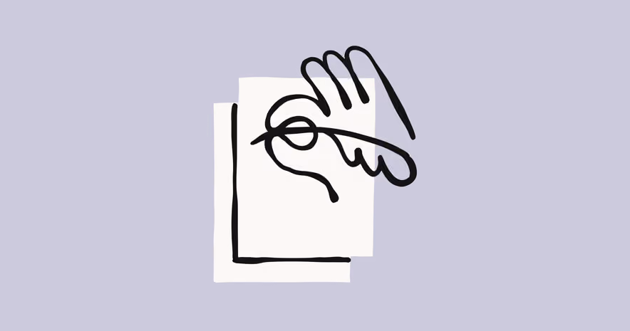Black line drawing on a mauve background, a hand holding a quill pen laid across two overlapping sheets of white paper.