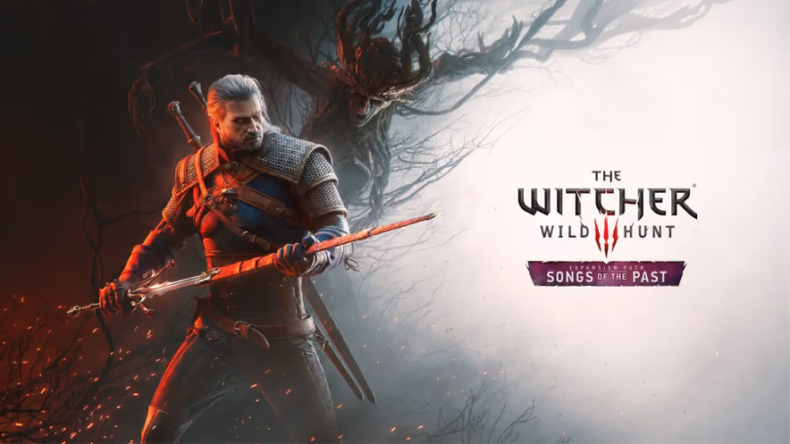 Official key art for the expansion. Geralt, white-haired and in studded leather, holds a blood-streaked silver sword in front of him while a gaunt creature with wooden limbs rises out of the mist and dead trees behind him. The Witcher 3 Wild Hunt logo and the Songs of the Past banner sit on the right.