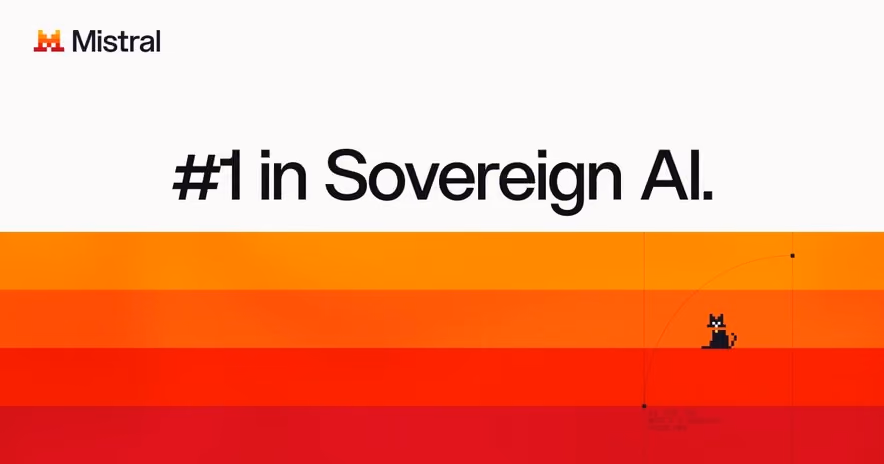 A Mistral AI banner. On a white background, the Mistral logo and the words "#1 in Sovereign AI." in large black letters sit above four horizontal stripes of orange, red, and crimson, where a small black pixel-art cat sits at the foot of an arc.