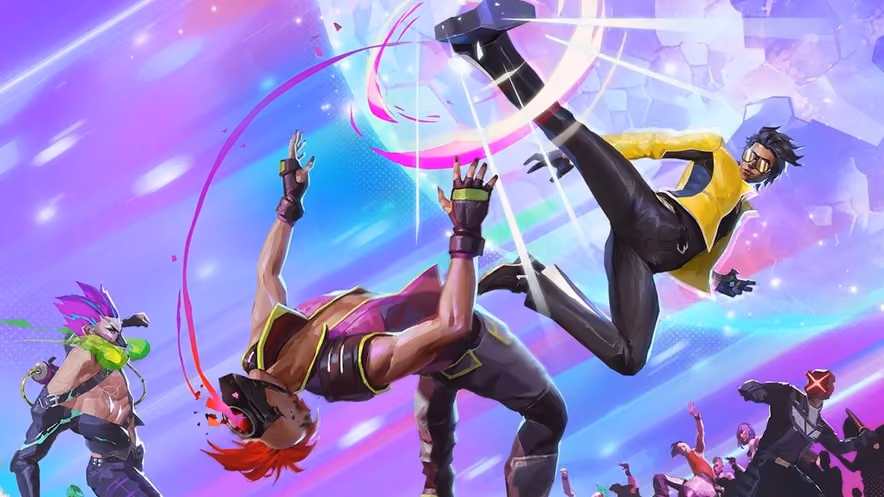 Three fighters mid-motion against a wall of purple and pink neon streaked with light trails. At the center, a red-haired woman in headphones balances through a breakdance flare, while a man in a yellow vest and tinted glasses swings a spinning kick at her, and a third character with a purple mohawk watches from the left.