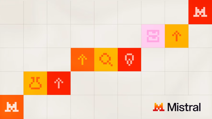A grid of white tiles on which orange, red, yellow, and pink squares form a rising diagonal, each carrying a pixel icon, up arrows, a magnifying glass, a light bulb, a flask, with the Mistral logo at both ends.