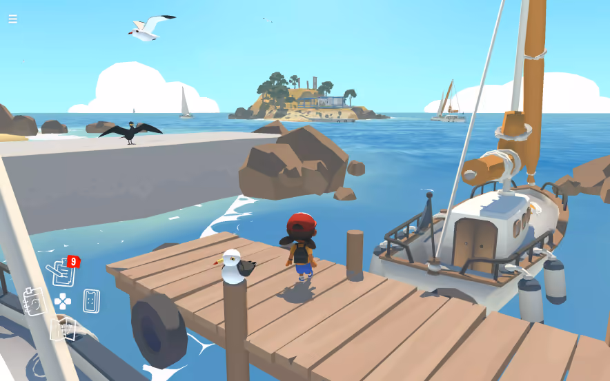 Alba standing on a wooden dock, flanked by a seagull and a cormorant drying its wings, with sailboats and a small island in the background.