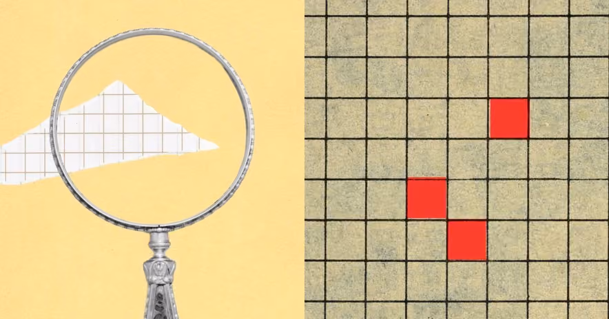 A two-panel collage, on the left a silver magnifying glass on a yellow background enlarges a torn scrap of graph paper, on the right a grid of beige tiles with three red squares standing out.