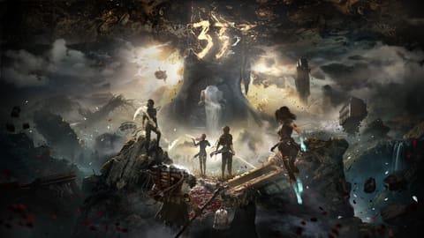 Sur un promontoire rocheux, quatre personnages armés, vus de dos, contemplent un colosse de pierre surmonté d’un « 33 » de flammes, au milieu d’un paysage brumeux jonché de ruines flottantes et de pétales rouges.