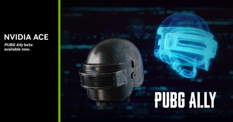 Two PUBG helmets side by side against black, the first a realistic dented metal helmet, the second the same shape rebuilt as a glowing blue wireframe, captioned Nvidia ACE and PUBG Ally.