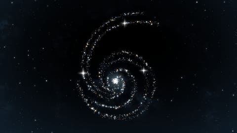 Une galaxie spirale vue de face sur fond noir, ses bras dessinés par des centaines de points lumineux blancs, bleus et orangés, avec quelques étoiles plus vives qui scintillent.