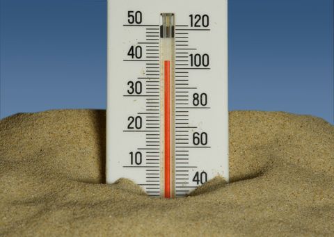 Un thermomètre planté dans le sable sous un ciel bleu, le mercure grimpé vers 40 °C.