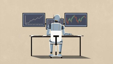 Seen from behind, a gray humanoid robot sits in an office chair, working at a desk in front of three monitors showing a rising line graph, lines of code, and a candlestick stock chart.