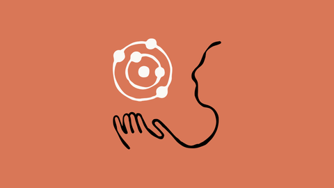 Illustration au trait sur fond terracotta, un visage de profil stylisé tend la main vers un motif circulaire blanc évoquant un atome ou une orbite.