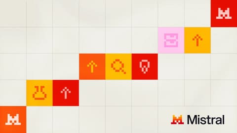 Grille de carreaux blancs sur laquelle des cases orange, rouges, jaunes et roses dessinent une diagonale montante, chacune portant un pictogramme en pixels, flèches vers le haut, loupe, ampoule, fiole, et le logo Mistral aux deux extrémités.