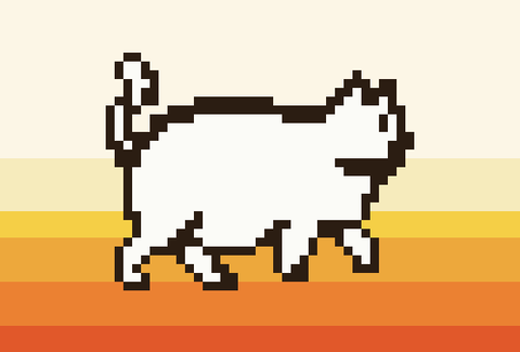 Un chat blanc en pixel art, dodu, marchant de profil sur un dégradé de bandes orangées évoquant un coucher de soleil.