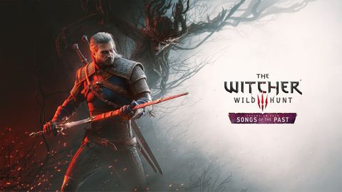 Official key art for the expansion. Geralt, white-haired and in studded leather, holds a blood-streaked silver sword in front of him while a gaunt creature with wooden limbs rises out of the mist and dead trees behind him. The Witcher 3 Wild Hunt logo and the Songs of the Past banner sit on the right.