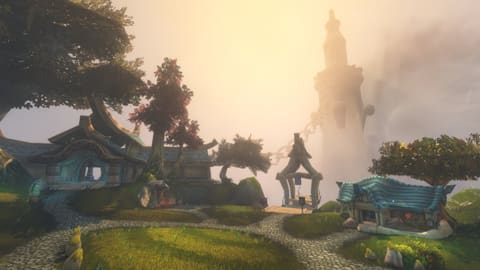 An elven village with blue roofs and curved beams, set on a lawn crossed by cobbled paths, under a golden sky thick with haze. In the background, a chained stone tower floats above the clouds.