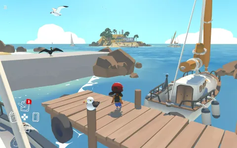 Alba standing on a wooden dock, flanked by a seagull and a cormorant drying its wings, with sailboats and a small island in the background.